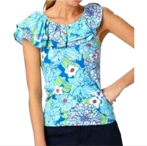 Lilly Pulitzer Wynne Ruffle Blouse In Allura Mayflower Print Cotton Size XL